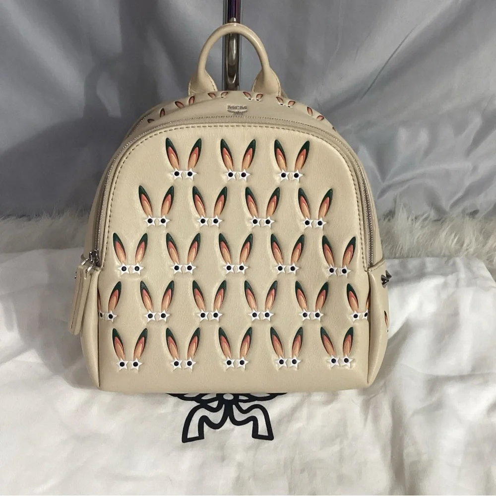MCM Star Eyed Bunny Rabbit Lambskin Mini Backpack Studded Straps Pink Suede Int